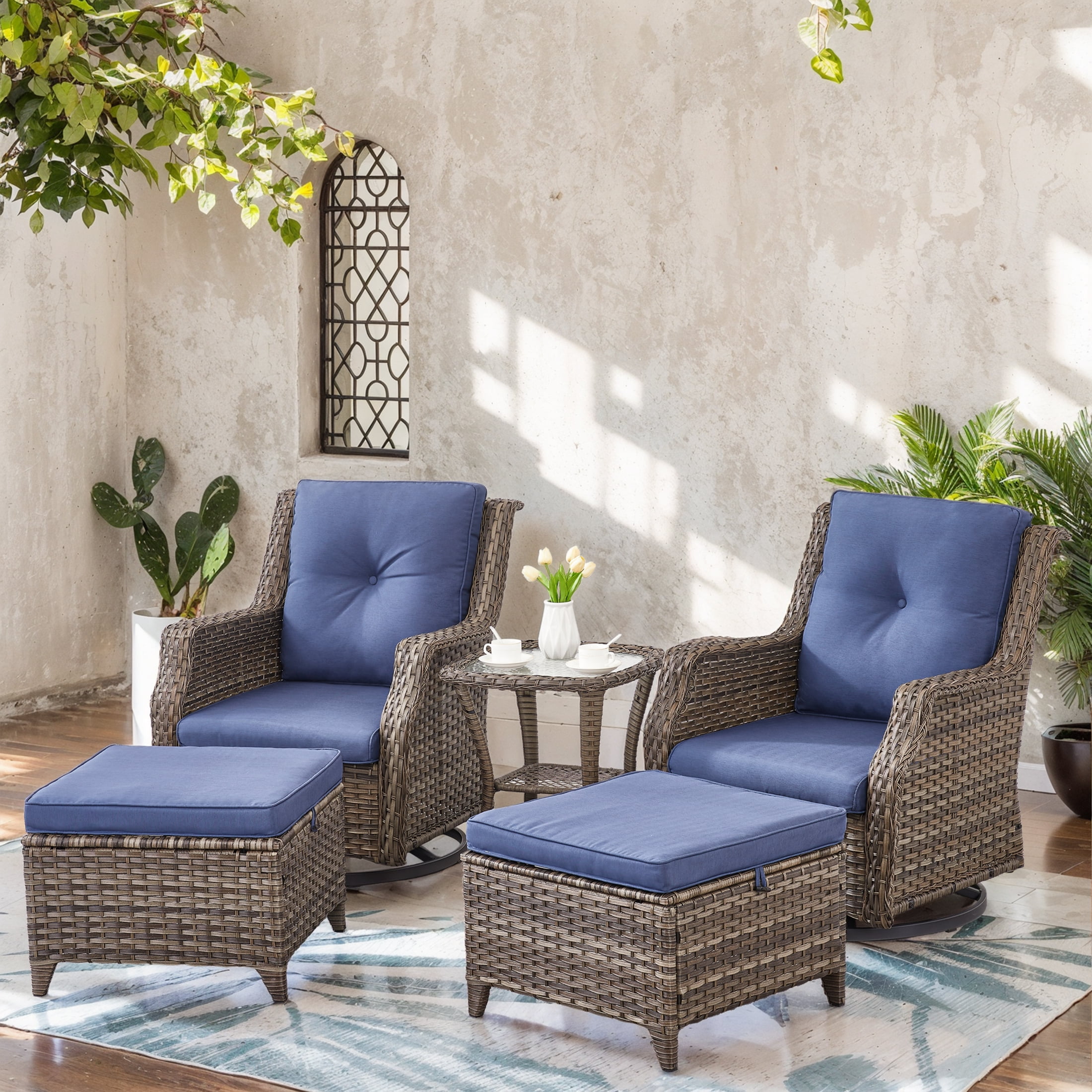 Hampton Bay Cambridge Brown Wicker Swivel Outdoor Rocking Chair Blue Cushions Walmart