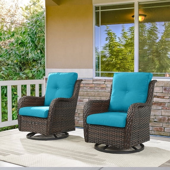 POCASSY Outdoor Swivel Rocking Glider Chairs Set of 2, All Weather Brown Wicker Patio Furniture Set with Deep Seat for Balcony, Porch and Backyard, Lake Blue