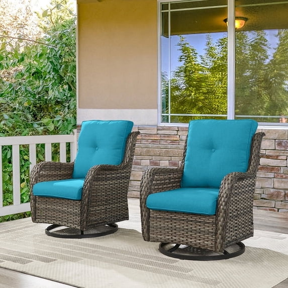 POCASSY Outdoor Swivel Rocking Glider Chairs Set of 2, All Weather Gray Wicker Patio Furniture Set with Deep Seat for Balcony, Porch and Backyard, Lake Blue