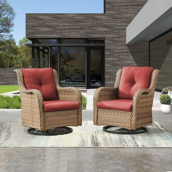 POCASSY Outdoor Swivel Rocking Glider Chairs Set of 2, All Weather Yellow Wicker Patio Furniture Set with Deep Seat for Balcony, Porch and Backyard, Red