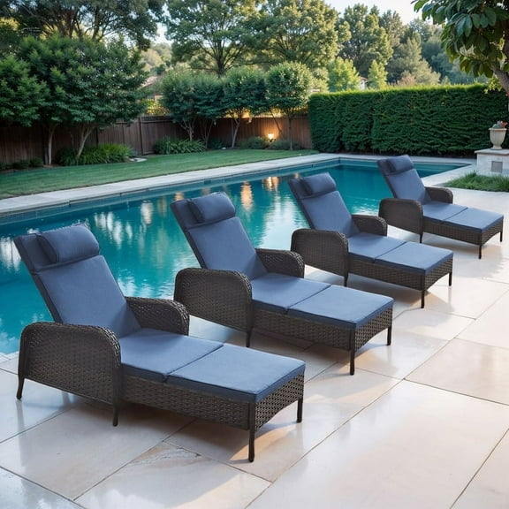 POCASSY Outdoor Wicker All Weather Chaise Reclining Lounges with Cushions (Set of 4)