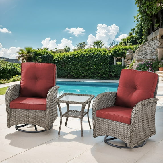 POCASSY Outdoor Wicker Chairs Swivel Rocking Chairs - Outdoor Swivel Rocking Chairs Set of 2 with Rattan Side Table, Gray Patio Swivel Glider Chair 3PCS Patio Furniture Set for Porch Pool, Gray/Red