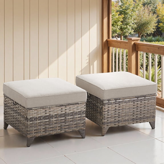 POCASSY Outdoor Wicker Ottoman Footstool, All-Weather Gray PE Rattan with Beige Olefin Cushion, 250 lbs Capacity Patio Ottoman for Balcony, Garden & Poolside
