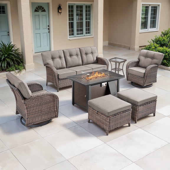 POCASSY Outdoor Wicker Patio Furniture Set with 43" Propane Fire Pit Table, Swivel Patio Chairs Set with Sofa Couch, Fire Pit Table and Ottoman