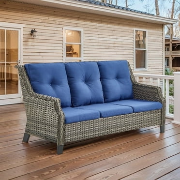 POCASSY Outdoor Wicker Sofa, Wicker Sofa Outdoor Furniture with All Weather Rattan and Olefin Cushion for Balcony, Backyard, Porch, Gray/Blue