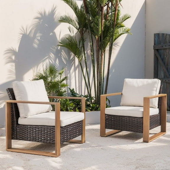 POCASSY Patio Chair Set of 2, Outdoor Porch Chairs with All Weather Wicker and Thick Cushions for Porch, Garden and Balcony, Beige
