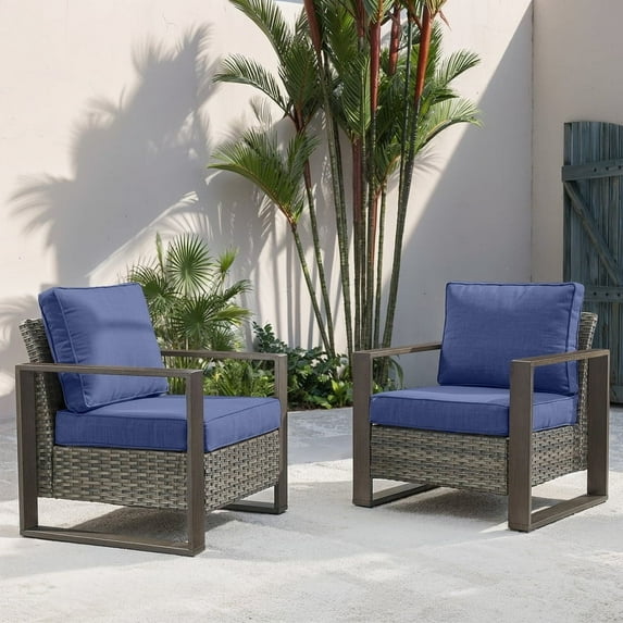 POCASSY Patio Chair Set of 2, Outdoor Porch Chairs with All Weather Wicker and Thick Cushions for Porch, Garden and Balcony, Blue