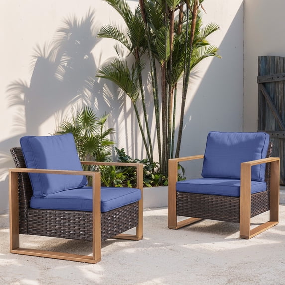 POCASSY Patio Chair Set of 2, Outdoor Porch Chairs with All Weather Wicker and Thick Cushions for Porch, Garden and Balcony, Blue