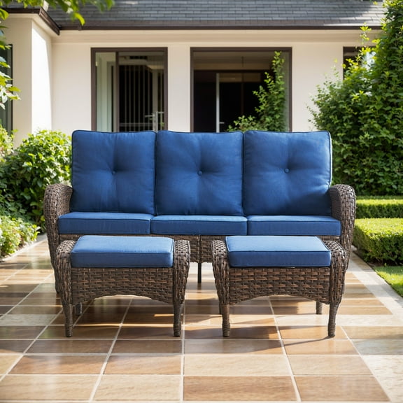 POCASSY Patio Couch with Ottoman, Brown Wicker Outdoor 3-Seater Sofa with Deep Seat High Back Cushion, Ideal Furniture Set for Porch Balcony in Blue