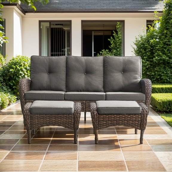 POCASSY Patio Couch with Ottoman, Brown Wicker Outdoor 3-Seater Sofa with Deep Seat High Back Cushion, Ideal Furniture Set for Porch Balcony in Gray