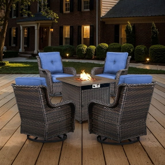 POCASSY Patio Furniture Set with 30" Propane Fire Pit Table, Patio Swivel Rocking Glider Chairs Set of 4 with Brown Wicker and Square Firepit Table for Garden Balcony Porch - Brown/Blue