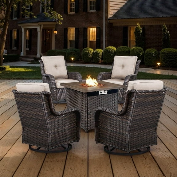 POCASSY Patio Furniture Set with 30" Propane Fire Pit Table, Patio Swivel Rocking Glider Chairs Set of 4 with Brown Wicker and Square Firepit Table for Garden Balcony Porch - Brown/Beige
