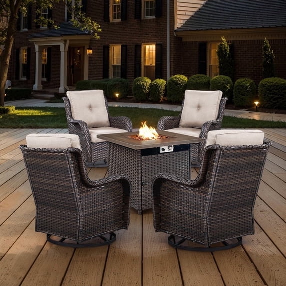 POCASSY Patio Furniture Set with 30" Propane Fire Pit Table, Patio Swivel Rocking Glider Chairs Set of 4 with Brown Wicker and Square Firepit Table for Garden Balcony Porch - Brown/Beige