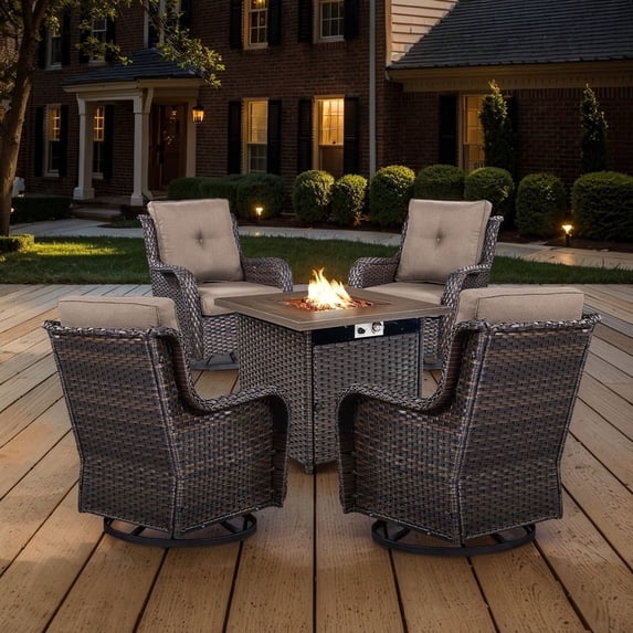 POCASSY Patio Furniture Set with 30" Propane Fire Pit Table, Patio Swivel Rocking Glider Chairs Set of 4 with Brown Wicker and Square Firepit Table for Garden Balcony Porch - Brown/Gray