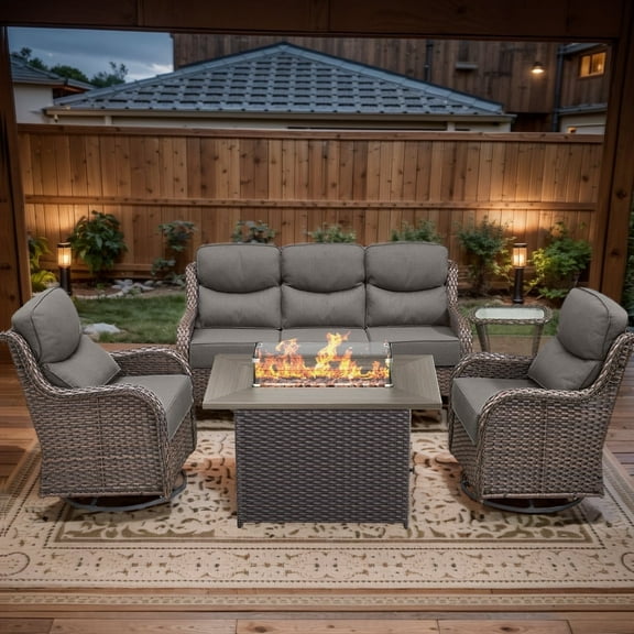 POCASSY Patio Furniture Set with 6-inch Extra Thick Cushion, 5 Pieces Outdoor Patio Furniture with Firepit Table, Swivel Chairs, and Sofa Couch, Outdoor Conversation Set for Porch Balcony