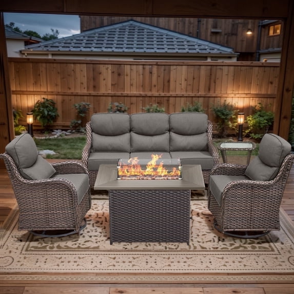 POCASSY Patio Furniture Set with 6-inch Extra Thick Cushion, 5 Pieces Outdoor Patio Furniture with Firepit Table, Swivel Chairs, and Sofa Couch, Outdoor Conversation Set for Porch Balcony