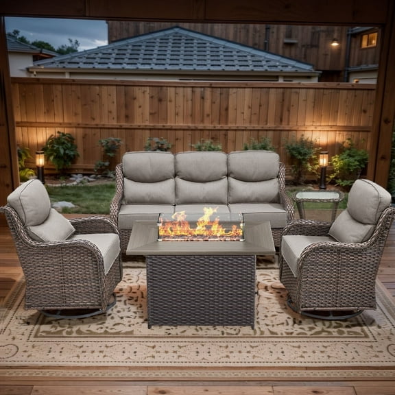 POCASSY Patio Furniture Set with 6-inch Extra Thick Cushion, 5 Pieces Outdoor Patio Furniture Set with Firepit Table, Swivel Chairs, and Sofa Couch, Outdoor Conversation Set for Porch Balcony