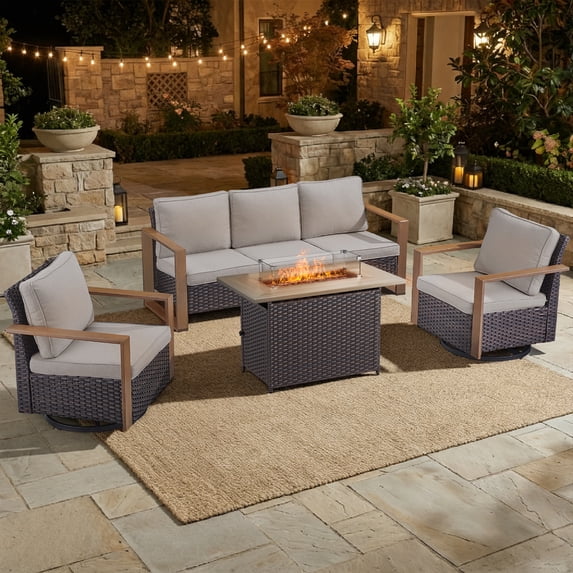 POCASSY Patio Furniture Set with Fire Pit, 4-Piece Wicker Outdoor Conversation Set with Swivel Glider Patio Chairs and 43" Propane Firepit Table, Luxury Outdoor Patio Fire Pit Set for Porch, Deck