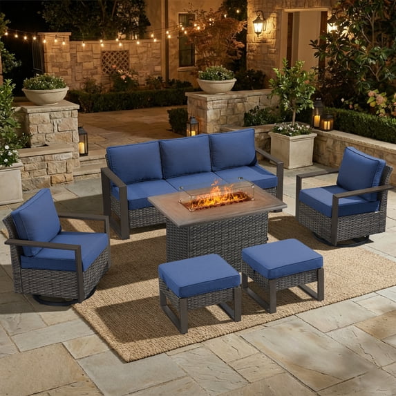 POCASSY Patio Furniture Set with Fire Pit, 6-Piece Wicker Outdoor Conversation Set with Swivel Glider Patio Chairs and 43" Propane Firepit Table, Luxury Outdoor Patio Fire Pit Set for Porch, Deck