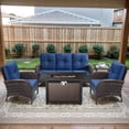 thumbnail image 1 of POCASSY Patio Furniture Set with Fire Pit Table, 5 Pieces Wicker Patio Furniture Outdoor Conversation Set with 43 Inch Width Propane Fire Pit Table, Brown Wicker/Blue Cushion, 1 of 16