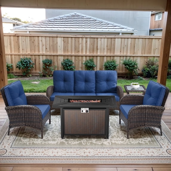 POCASSY Patio Furniture Set with Fire Pit Table, 5 Pieces Wicker Patio Furniture Outdoor Conversation Set with 43 Inch Width Propane Fire Pit Table, Brown Wicker/Blue Cushion