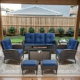 thumbnail image 1 of POCASSY Patio Furniture Set with Fire Pit Table, 7 Pieces Wicker Patio Furniture Outdoor Conversation Set with 43 Inch Width Propane Fire Pit Table, Brown Wicker/Blue Cushion, 1 of 18