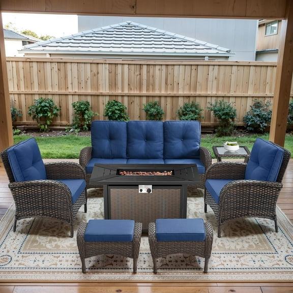 POCASSY Patio Furniture Set with Fire Pit Table, 7 Pieces Wicker Patio Furniture Outdoor Conversation Set with 43 Inch Width Propane Fire Pit Table, Brown Wicker/Blue Cushion