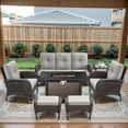 thumbnail image 1 of POCASSY Patio Furniture Set with Fire Pit Table, 7 Pieces Wicker Patio Furniture Outdoor Conversation Set with 43 Inch Width Propane Fire Pit Table, Brown Wicker/Beige Cushion, 1 of 19