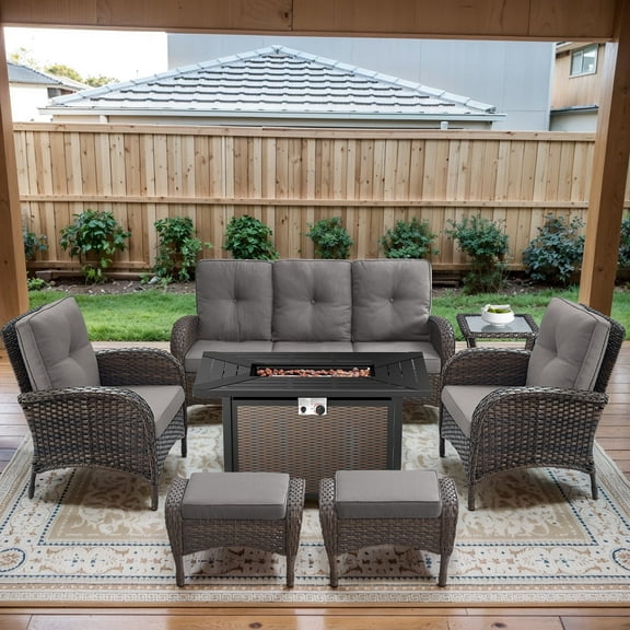 POCASSY Patio Furniture Set with Fire Pit Table, 7 Pieces Wicker Patio Furniture Outdoor Conversation Set with 43 Inch Width Propane Fire Pit Table, Brown Wicker/Gray Cushion