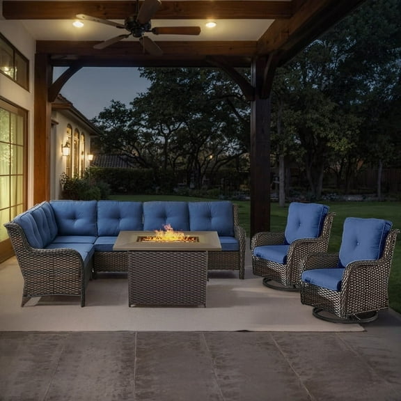 POCASSY Patio Furniture Set with Firepit Table, Brown Wicker Outdoor Conversation Set with Patio Sectional Sofa Patio Swivel Chairs and Rectangular Propane Firepit for Deck Porch Garden - Blue