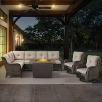 POCASSY Patio Furniture Set with Firepit Table, Brown Wicker Outdoor Conversation Set with Patio Sectional Sofa Patio Swivel Chairs and Rectangular Propane Firepit for Deck Porch Garden - Beige