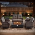 thumbnail image 1 of POCASSY Patio Furniture Sets with Fire Pit, Brown Wicker Patio Furniture with Glider Loveseat, Patio Swivel Glider Chair, Propane Firepit Table, 5-Piece Outdoor Conversation Set for Deck in Gray, 1 of 18