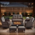 thumbnail image 1 of POCASSY Patio Furniture Sets with Fire Pit, Brown Wicker Patio Furniture with Glider Loveseat, Patio Swivel Glider Chair, Propane Firepit Table, 7-Piece Outdoor Conversation Set for Deck in Gray, 1 of 20
