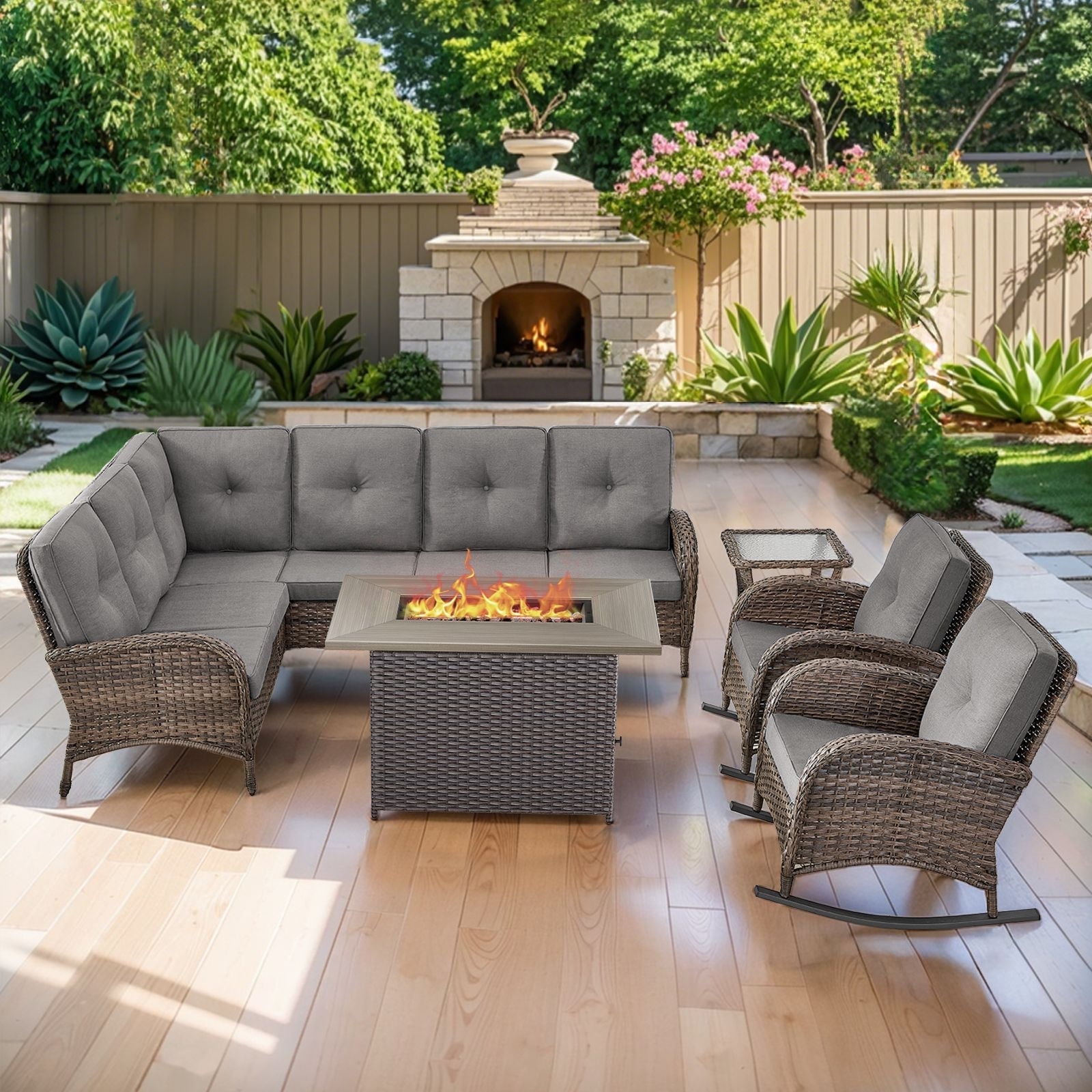POCASSY Patio Sectional Set with Fire Pit Table, 6 Pieces Patio Furniture Set with Sectional Sofa Patio Rocking Chairs, Deep Seat High Back Thick Cushion for Porch Deck, Brown Wicker Gray Cushion