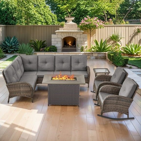 POCASSY Patio Sectional Set with Fire Pit Table, 6 Pieces Patio Furniture Set with Sectional Sofa Patio Rocking Chairs, Deep Seat High Back Thick Cushion for Porch Deck, Brown Wicker Gray Cushion