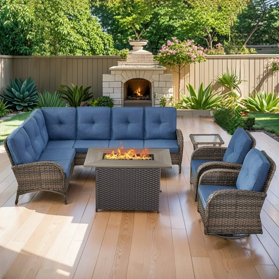 POCASSY Patio Sectional Set with Fire Pit Table, 6 Pieces Patio Furniture Set with Sectional Sofa and Patio Swivel Chairs, Deep Seat High Back Thick Cushion for Porch Deck, Brown Wicker Blue Cushion