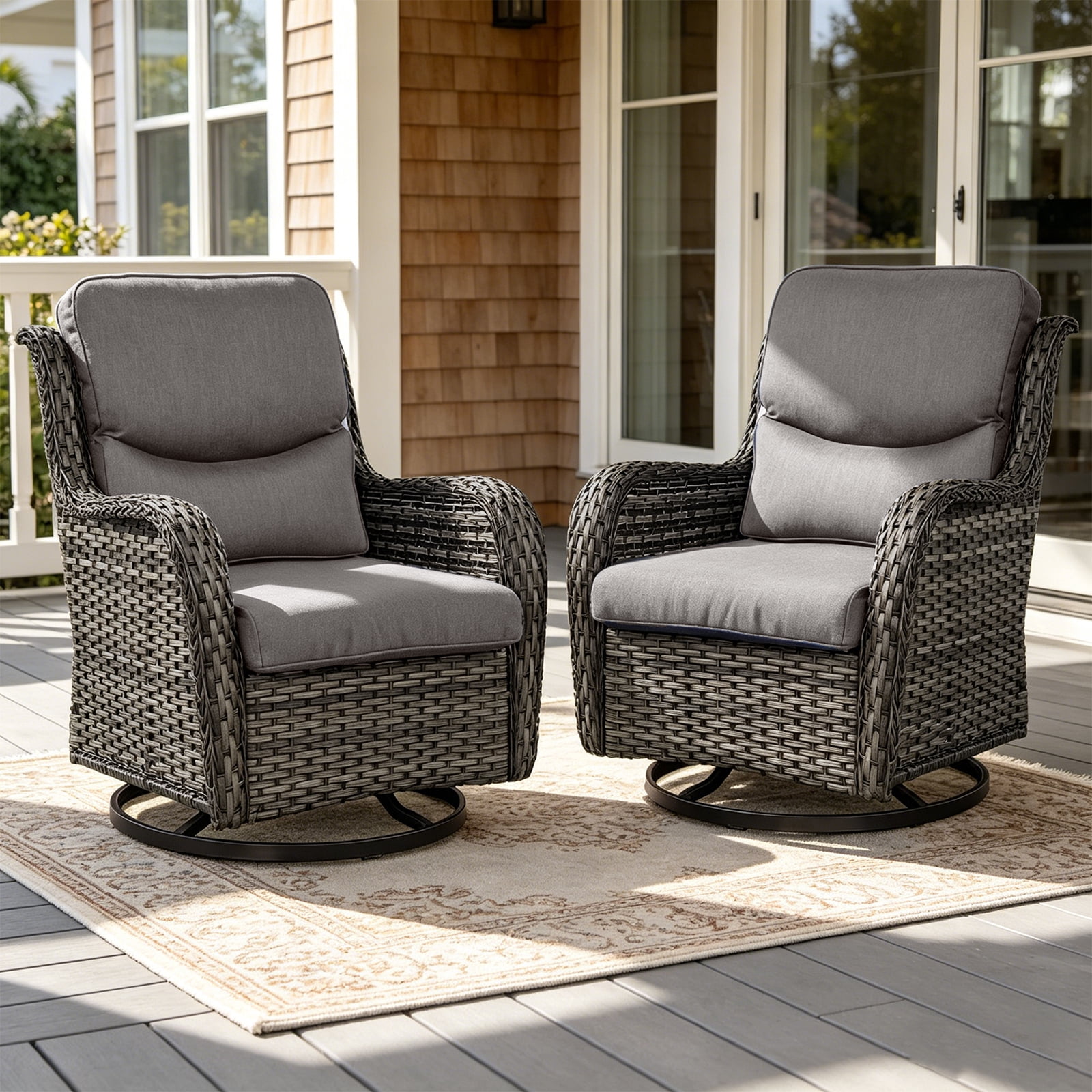 POCASSY Patio Swivel Chairs, Outdoor Wicker Swivel Glider Rocking Chairs with High Back and Thick Cushions for Porch Deck - Set of 2, Gray