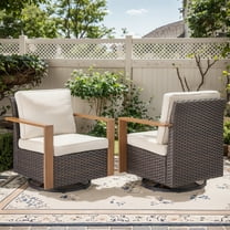 POCASSY Patio Swivel Chairs Set of 2, Outdoor Rocking Chairs with Wood Grain Finish Square Armrest All Weather Wicker Glider Rocking Patio Chairs for Porch Deck Balcony, Brown/Beige