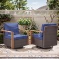 thumbnail image 1 of POCASSY Patio Swivel Chairs Set of 2, Outdoor Rocking Chairs with Wood Grain Finish Square Armrest All Weather Wicker Glider Rocking Patio Chairs for Porch Deck Balcony, Brown/Blue, 1 of 7