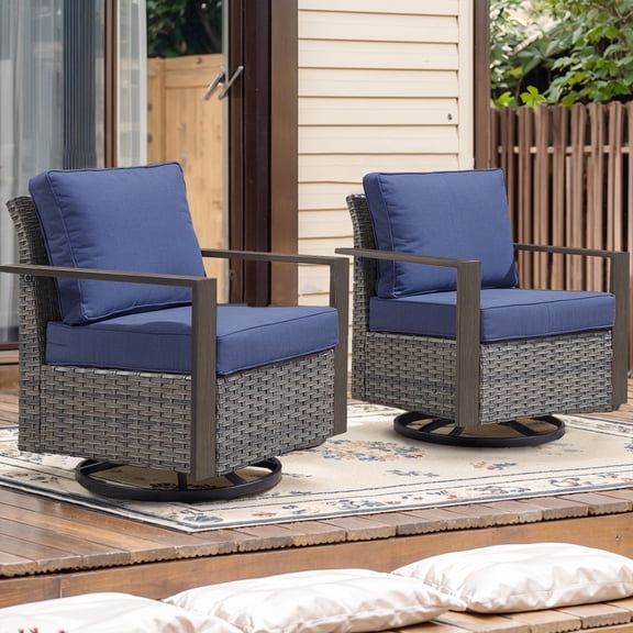 POCASSY Patio Swivel Chairs Set of 2, Outdoor Rocking Chairs with Wood Grain Finish Square Armrest All Weather Wicker Glider Rocking Patio Chairs for Porch Deck Balcony, Gray/Blue