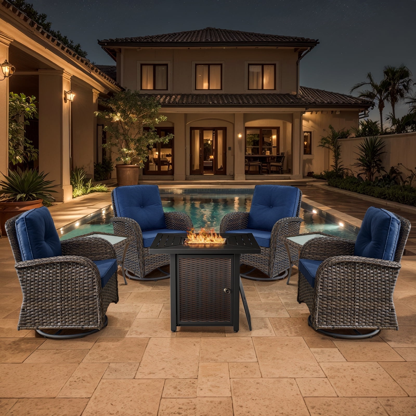POCASSY Patio Swivel Chairs Set of 4 with Fire Pit, Outdoor Patio ...