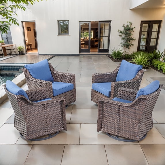 POCASSY Patio Swivel Chairs Set of 4, Weather-Resistant PE Wicker Patio Furniture Swivel Rocking Chairs with Steel Frame Ideal Furniture Set for Porch Balcony, Brown Wicker Blue Cushion