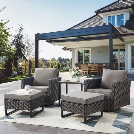 POCASSY Patio Wicker Rattan Swivel Rocking Outdoor Lounge Accent Chair Set of 2 with Ottoman and Side Table, Patio Furniture Set with All Weather Brown Wicker for Deck, Porch, Gray