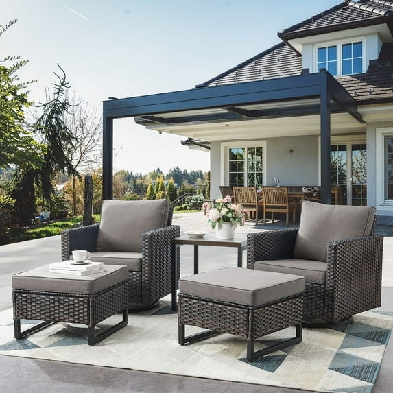 POCASSY Patio Wicker Rattan Swivel Rocking Outdoor Lounge Accent Chair Set of 2 with Ottoman and Side Table, Patio Furniture Set with All Weather Brown Wicker for Deck, Porch, Gray