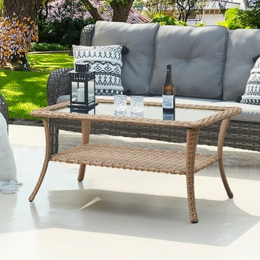 POCASSY Rectangular 40" L x 22" W Outdoor Coffee Table, Brown Patio Wicker Coffee Table with Tempered Glass Top and 2-Layer Storage for Porch Deck Balcony, Yellow Wicker Rattan