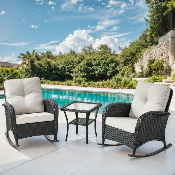 POCASSY Rocking Outdoor Chairs Set of 2, Metal Base Wicker Rocking Chair for Patio with Cushion and Black Rattan, Ideal Patio Furniture Set for Porch Pool Balcony, Beige