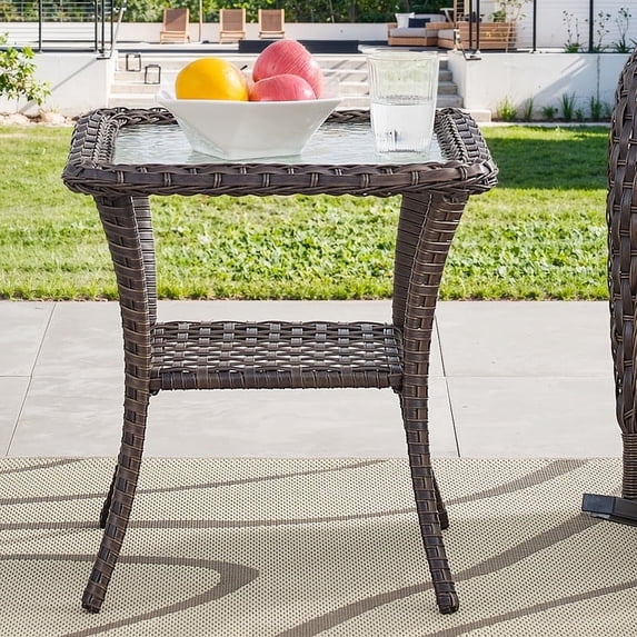 POCASSY Rustic Durable Iron Frame Glass and Iron Square End Table, Brown