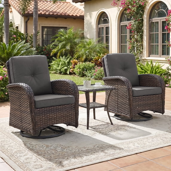 POCASSY Steel Outdoor Swivel Rocking Chair - Set of 2 with Rattan Side Table, Gray