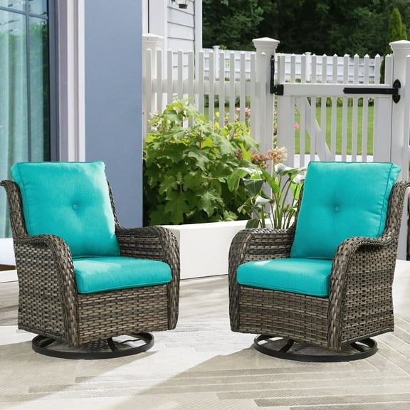 POCASSY Swivel Outdoor Chairs Set of 2, Outdoor Rocking Chairs with 2 Set Cushions All Weather Wicker Glider Rocking Patio Chairs for Porch Deck Balcony, Gray/Lake Blue