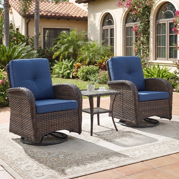 POCASSY Swivel PE Wicker Rattan Outdoor Rocking Chairs Set with Side Table (2 chairs and 1 side table)